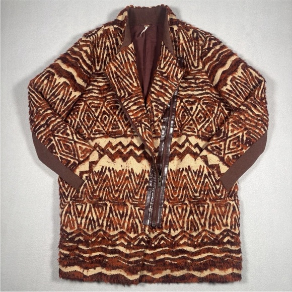 Free People Women’s Small Red Combo Faux Fur Western Front Zip Wool Blend Coat - Picture 2 of 10